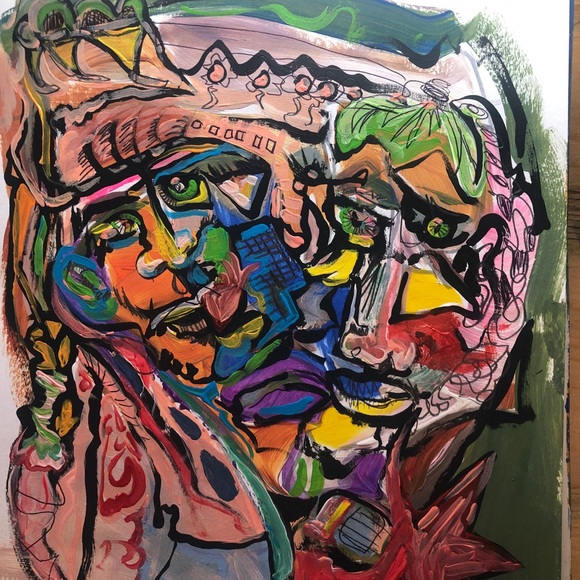 Hand Crafted Other - “Sophie & Simon” original OOAK mixed media painting on paper singed, 9x14”